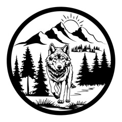 Wolf in Circle, Hand Drawn Vector Illustration
