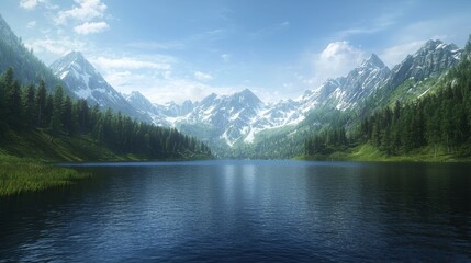 A serene lake surrounded by majestic mountains and lush forests, reflecting the clear blue sky, creating a tranquil natural landscape.