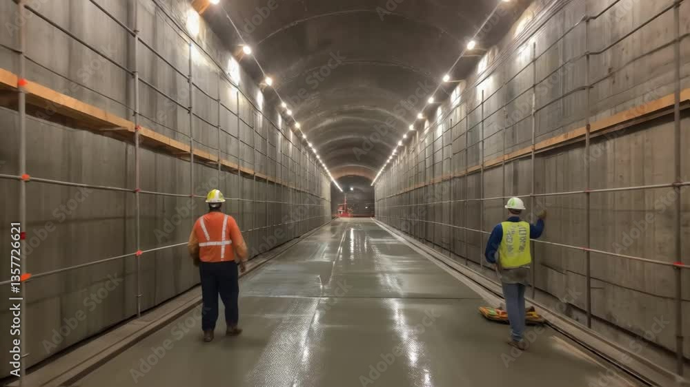 Aufkleber a medium closeup of the tunnels reinforced walls with wet cement still curing and workers applying f