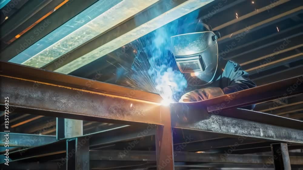 Poster a medium closeup of welding equipment in action with molten metal fusing large steel beams that will