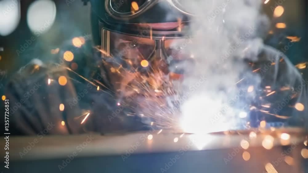 Poster a medium closeup of welding goggles pushed up on a welders forehead showing intense concentration in
