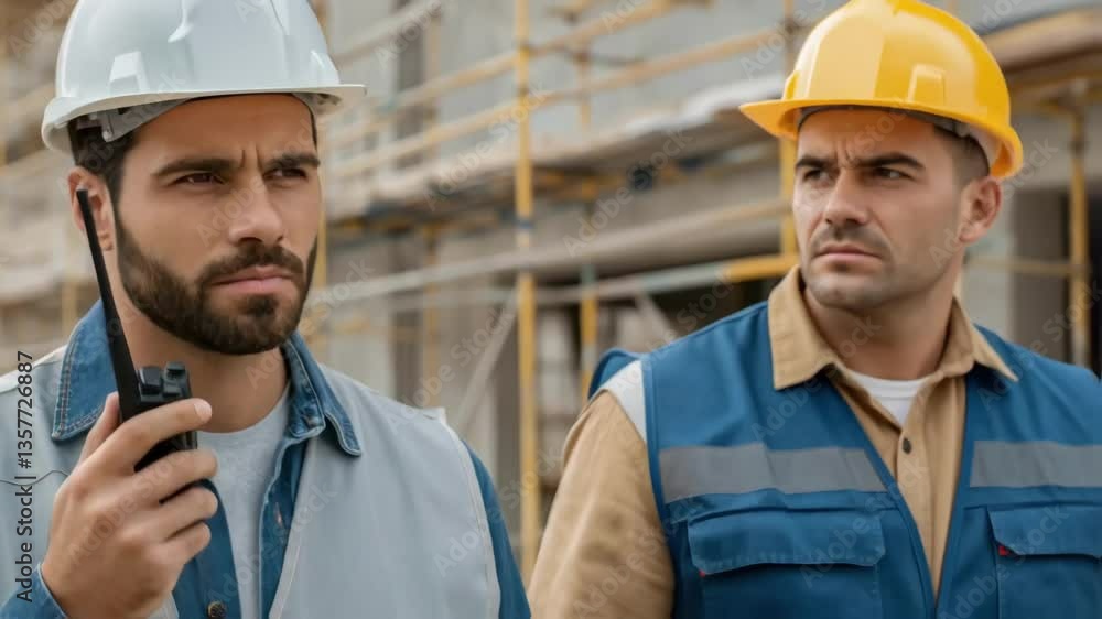 Aufkleber A medium closeup of workers in hard hats communicating via walkietalkies with their serious expressions reflecting the focus and urgency of the installation process.