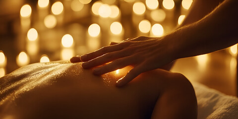 Relaxing massage with candlelight, spa and wellness therapy, Tranquil body treatment, soothing hands and warm ambiance
