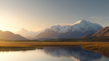 A tranquil landscape featuring majestic snow-capped mountains reflected in a calm lake during sunset.