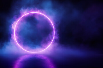 Fototapeta premium neon violet ring shrouded in smoke or fog. dark background. glow effect. 3d rendering. modern style. illustration for banner