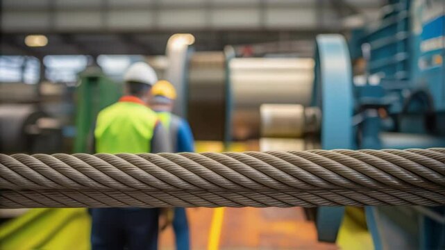 A medium closeup of workers conducting a pull test on a finished cable highlighting the strength and durability as they exert force surrounded by industrial machinery.
