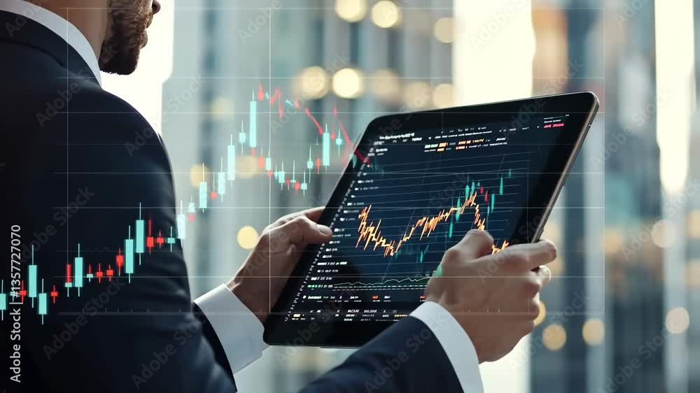 Poster businessman interacts with digital screen displaying financial charts generative ai