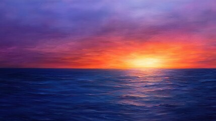 Obraz premium A vibrant sunset over the ocean, showcasing rich purple and orange hues reflecting on the water's surface, creating a serene and peaceful atmosphere.