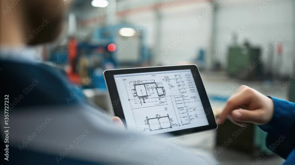 Poster A medium closeup shot of an engineer pointing to a detailed schematic on a tablet discussing machinery specifications with a colleague amidst the sounds of working equipment.