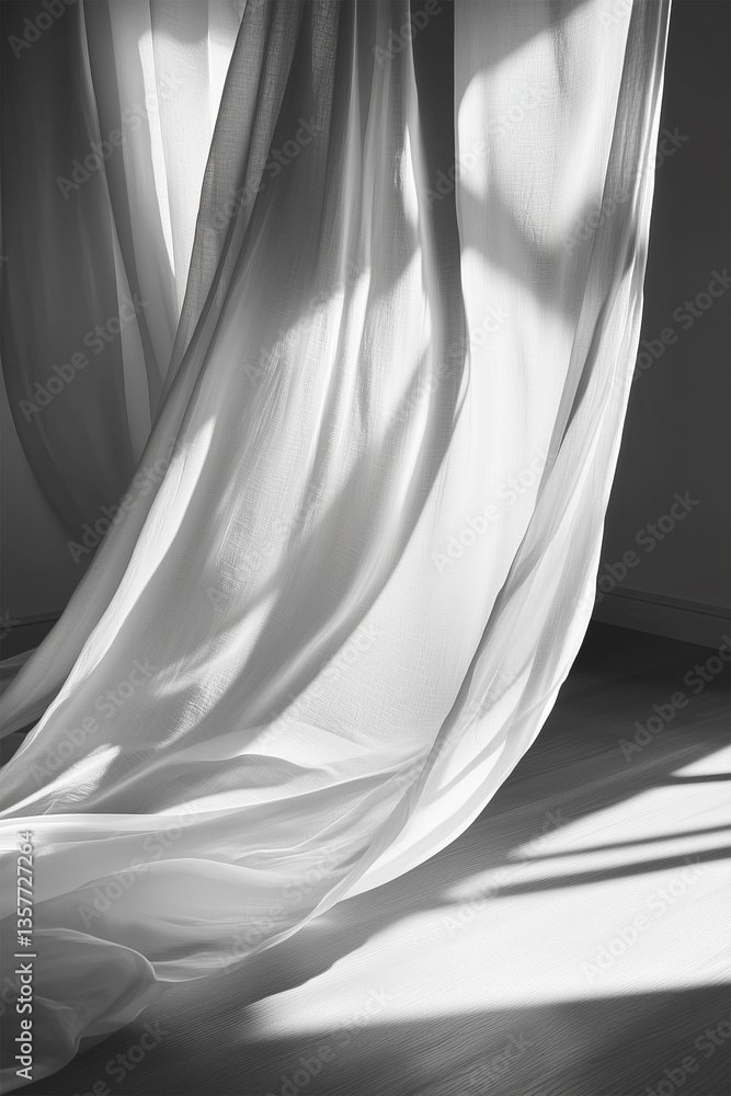 Poster thin fabric curtains flow dramatically in soft light creating beautiful shadows on the floor