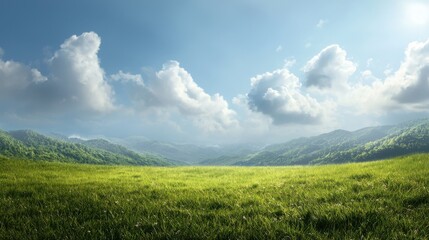 Fototapeta premium A serene landscape featuring rolling green hills under a bright sky with fluffy clouds, creating a peaceful and natural environment.