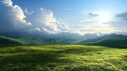 Fototapeta premium A serene landscape featuring rolling green hills under a bright sky with fluffy clouds, showcasing a peaceful connection with nature.