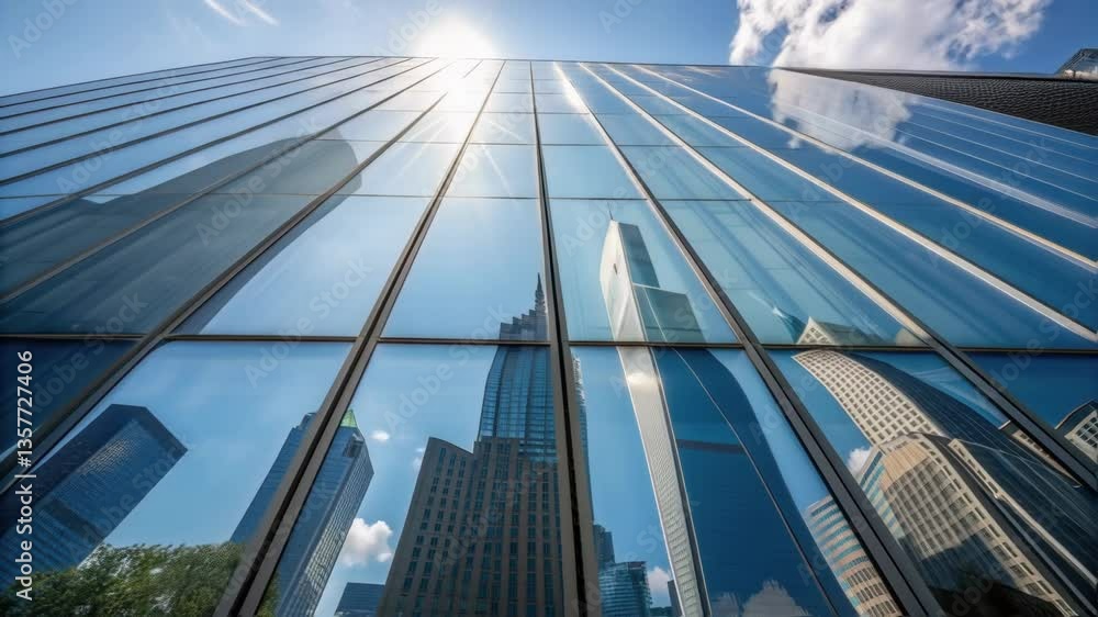 Poster a medium closeup showing a series of large glass panels stacked vertically reflecting sunlight and t