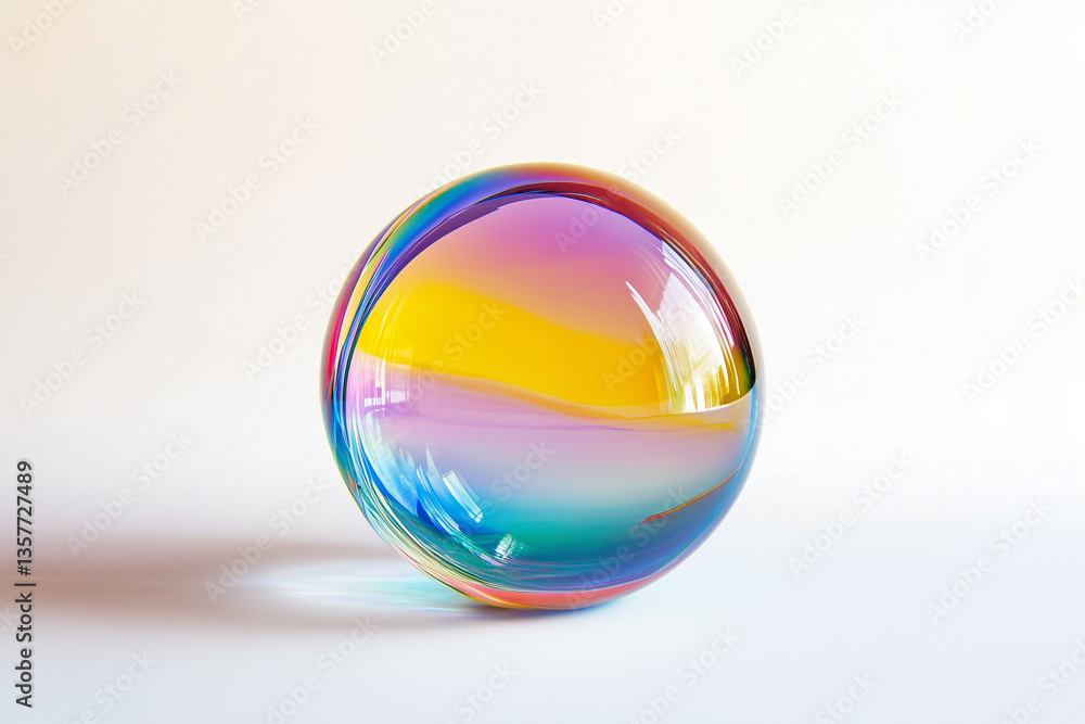 Poster transparent glass sphere reflecting rainbow colors on a clean white background creates an abstract v