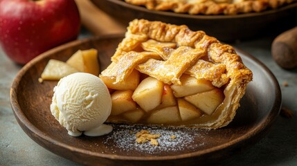 Delicious slice of apple pie served with a scoop of vanilla ice cream