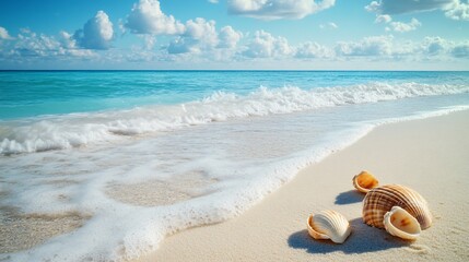 Obraz premium Seashells on Tranquil Beach: A Serene Coastal Scene with Azure Waters