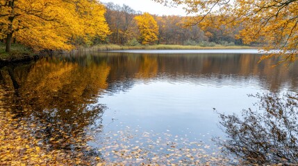 Fototapeta premium A tranquil lake surrounded by vibrant autumn foliage reflects colorful trees, creating a serene and picturesque natural landscape.