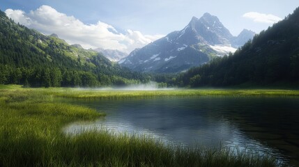 Fototapeta premium A serene landscape featuring a tranquil lake surrounded by lush greenery and majestic mountains under a clear blue sky.