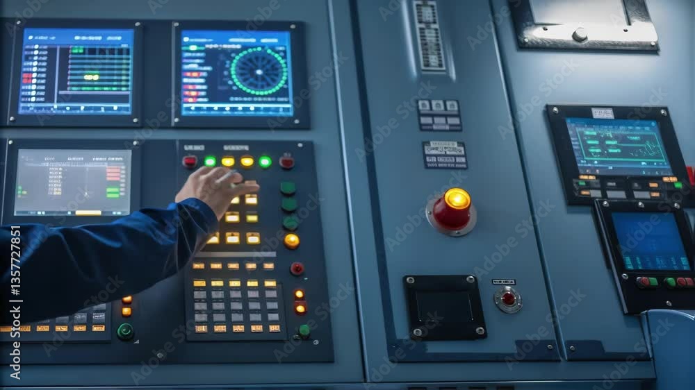 Fototapete An engineer adjusts settings on a sophisticated logistics control panel illuminated buttons and screens reflecting advanced analytics and tracking data.