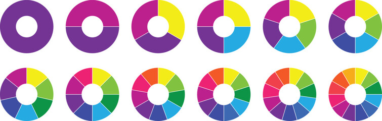 Pie chart set. Circle section graph. Different color circles. Pie chart divided 1,2,3,4,5,6,7,8,9,10,11,12 equal parts. pie chart infographic elements. Colorful diagram graphs. Vector illustration.