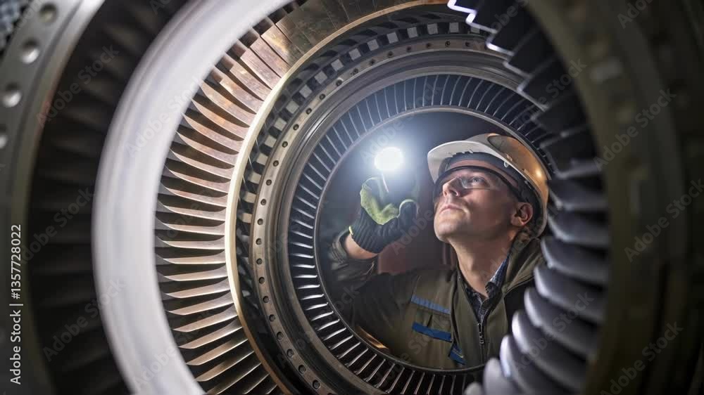 Poster An image of a technician inspecting the generators rotor with a flashlight revealing the textures of the metal and the complexity of the turbine mechanism.