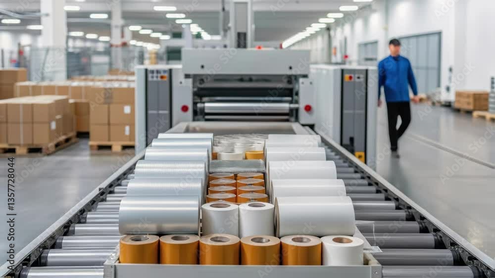 Poster An image showcasing the intricate arrangement of packaging materials such as films and containers being loaded into automated machinery emphasizing organization and efficiency.
