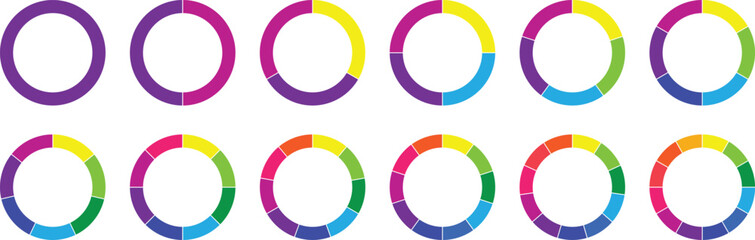 Pie chart set, segmented circle icons with circle diagram. Infographic wheel segment or sections parts. Pie chart divided Circle diagram collection. Color pizza or donut round diagram. Vector set