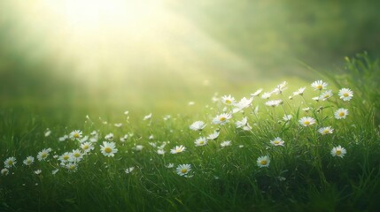 Obraz premium A serene field of daisies basking in soft sunlight, creating a peaceful and vibrant atmosphere in nature.