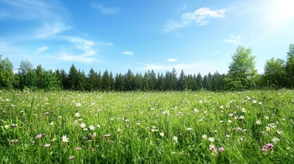 Fototapeta premium A serene meadow filled with wildflowers, under a bright blue sky, bordered by lush green trees, creating a peaceful natural landscape.