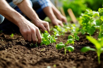 Caucasian adults gardening and planting vegetables in lush green garden