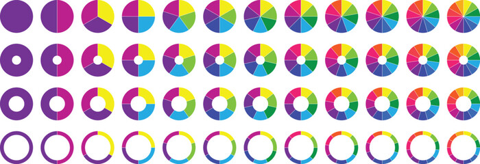 Circle Pie charts diagrams. Circle pie chart. 1,2,3,4,5,6,7,8,9,10,11,12 sections or steps. Circle section  graph. Flat process cycle. Progress sectors.