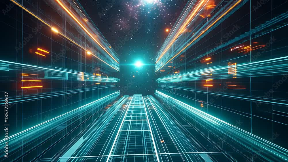 Poster futuristic data tunnel with light beams and digital grid leading to unknown destination