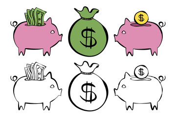 Set of financial icons, vector image of banknotes, dollar, bank capital, business, bills and notes, financial account, isolated on transparent