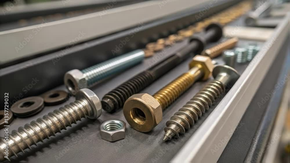 Poster an upclose look at a conveyor belt carrying assorted fasteners with a mix of screws washers and anch