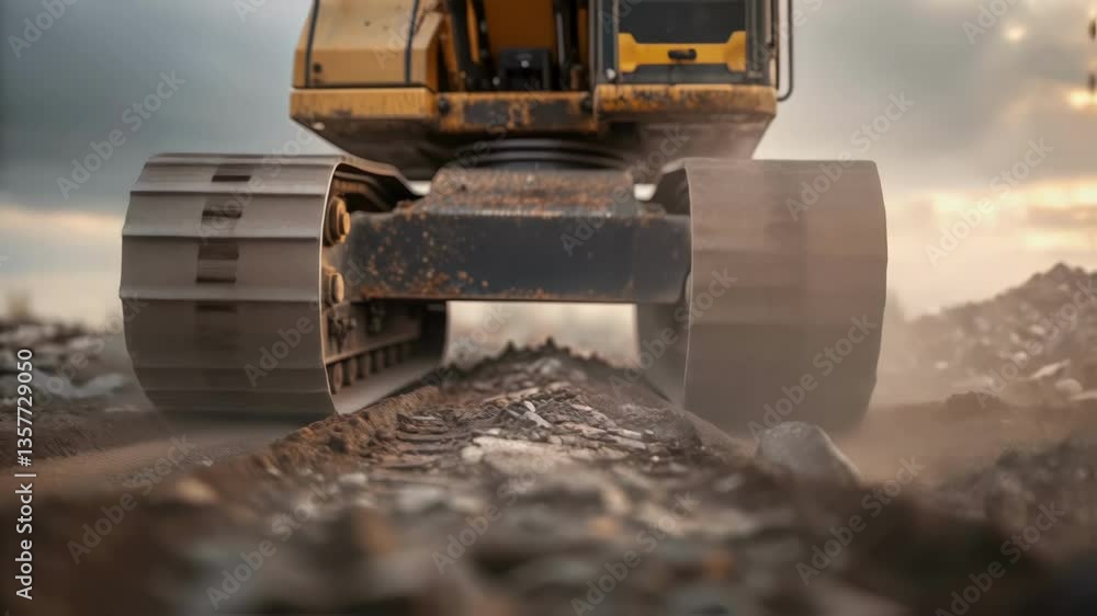 Aufkleber an upclose view of a large hydraulic excavator maneuvering through a field of debris with splatters 