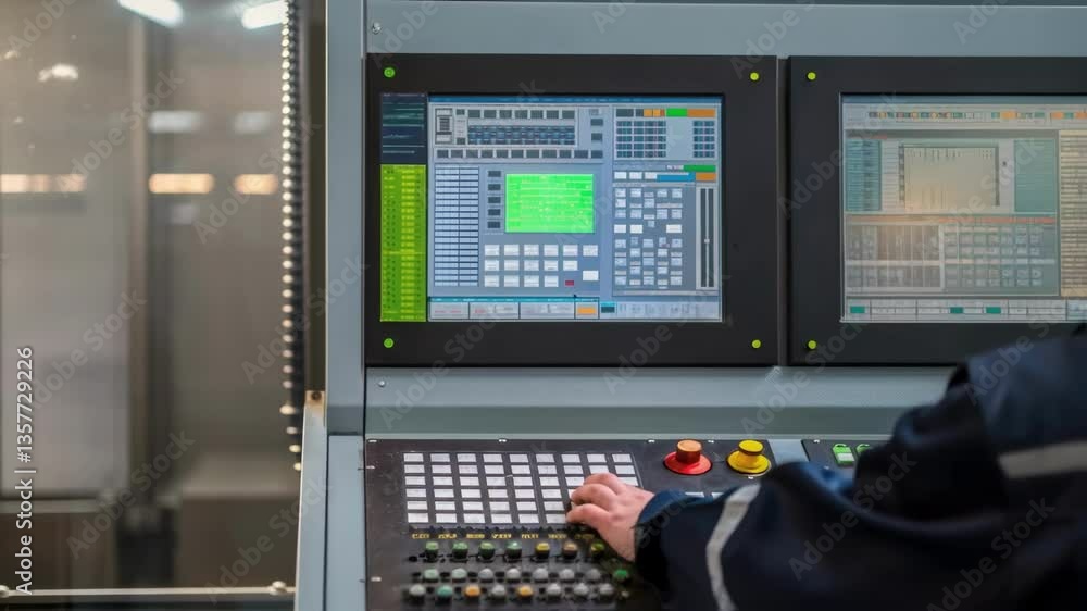 Leinwandbilder A technician analyzing digital readouts on a control panel beside a large mixer with an array of dials and buttons in sharp focus reflecting precision engineering.