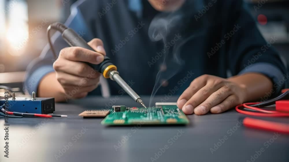 Poster A technician uses a soldering iron to secure wires onto a printed circuit board with steam visibly rising and their focused expression conveying the importance of precision.