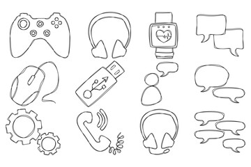 Set of gaming headset icons, vector image of messages, social networks, internet, flash drive, headphones, electronic watch, call, online communication methods, isolated on transparent