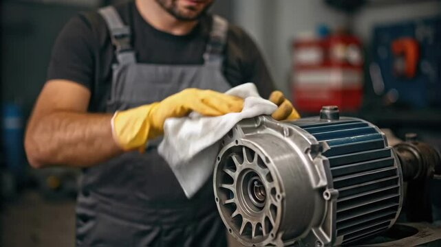 A technician wiping down a motor with a clean cloth oil smudges on their hands and a determined expression highlighting maintenances crucial role alongside repairs.