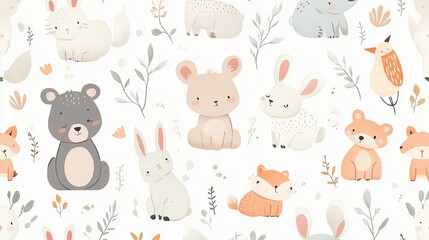 Obraz premium Seamless pattern featuring adorable baby animals in a playful and charming design