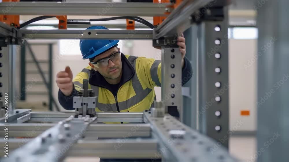 Poster A worker tightening bolts on the structural frame of a palletizing robot emphasizing the importance of assembly and the careful details of machinery construction.