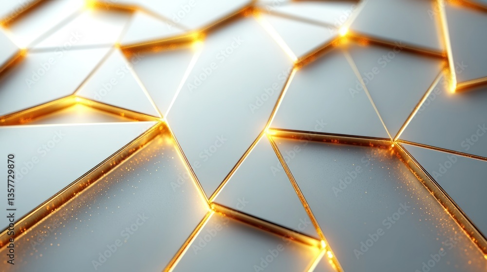 Poster abstract metallic gold and silver triangular geometric pattern with glowing edges