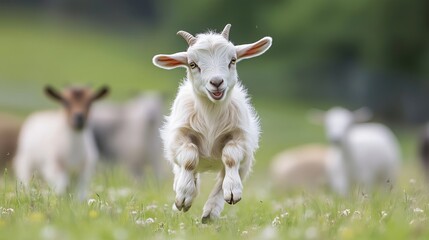 Obraz premium Adorable baby goat joyfully hopping around in a meadow full of wildflowers and sunshine