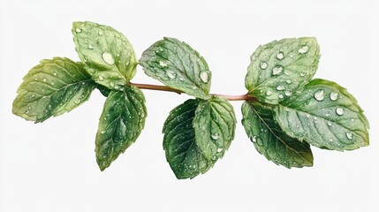 Naklejka premium A sprig of mint with water droplets on the leaves, isolated on a transparent white background