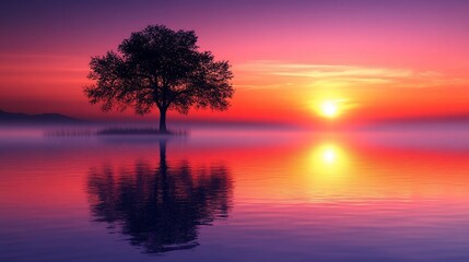Solitary tree reflected in vibrant sunrise waters