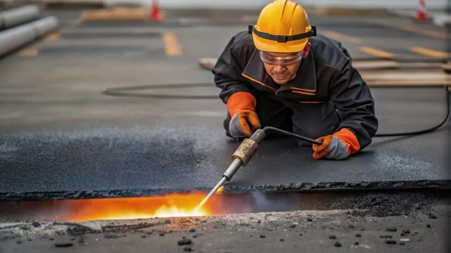 A worker using a gas torch to melt the edges of a cracked asphalt patch with intense focus and protective gear visible capturing the heat and precision of the job.