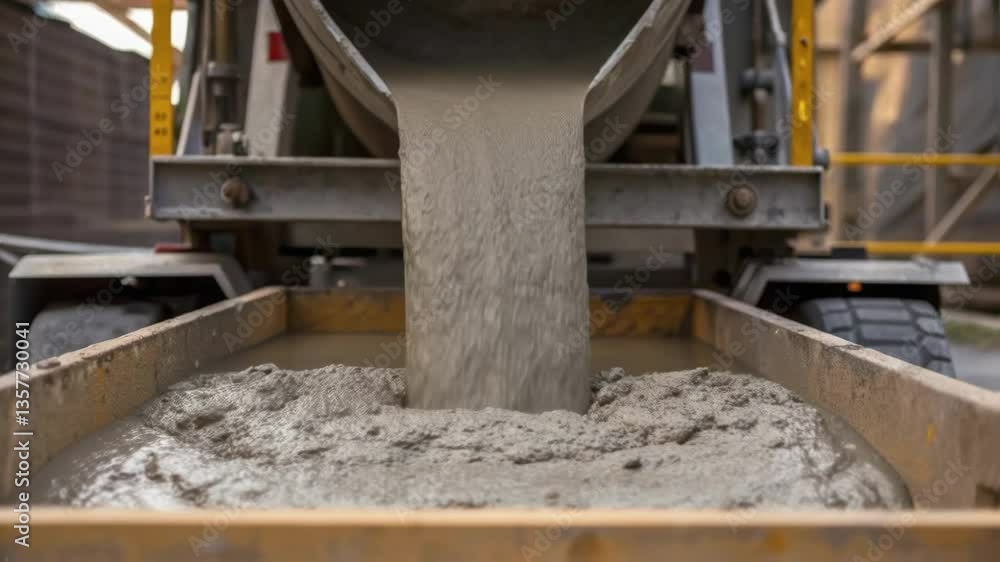 Poster Closeup of a concrete mixer pouring a fresh batch of concrete into a foundation mold showcasing the texture and richness of the material in the robust building process.