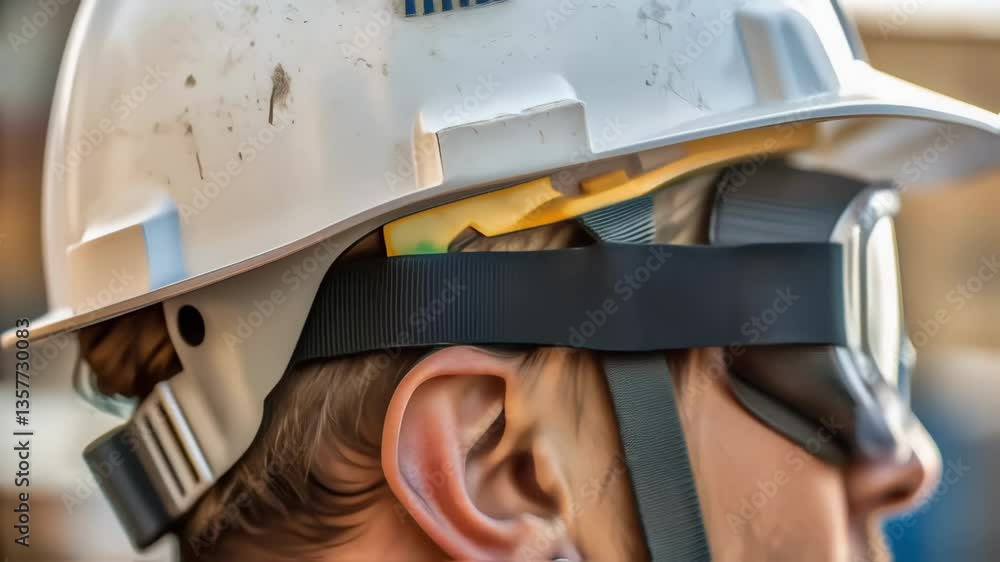 Poster closeup of a construction workers safety goggles reflecting the bustling construction site symbolizi