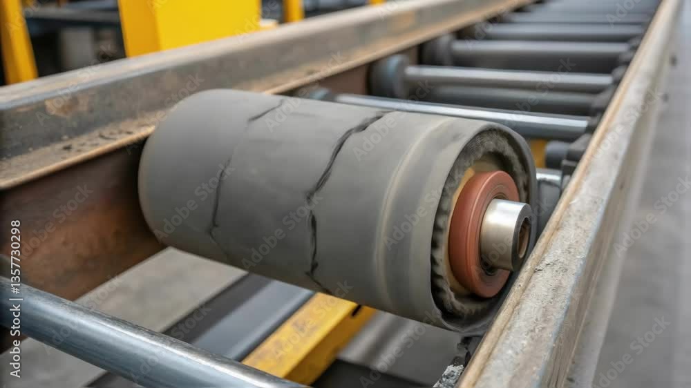 Poster closeup of a conveyor pulley system highlighting the wear and tear on the rubber surface and the met