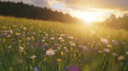 Fototapeta premium A sunlit meadow filled with colorful wildflowers, creating a serene and vibrant natural landscape.